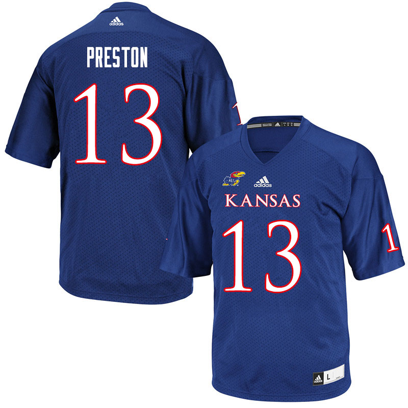 Men #13 Jordan Preston Kansas Jayhawks College Football Jerseys Sale-Royal - Click Image to Close
